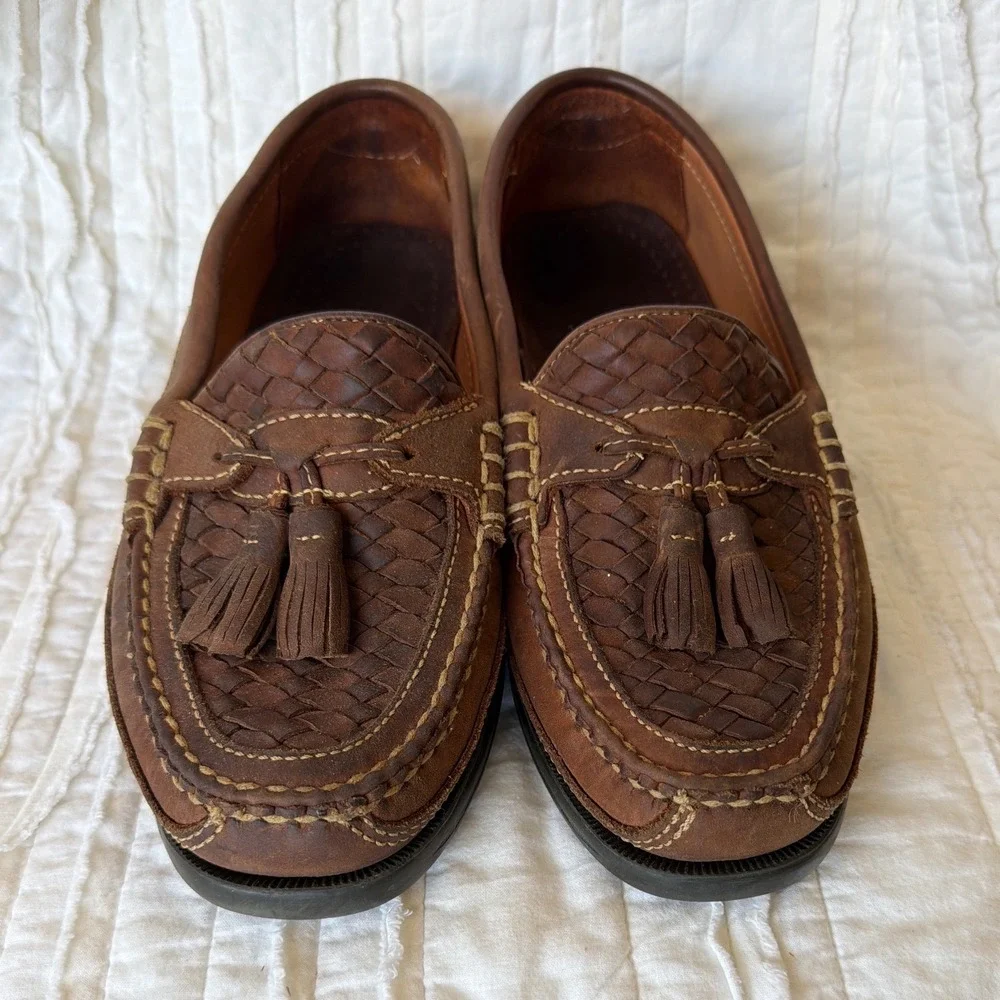 Johnston & Murphy Tassel Loafer Brown Woven Leather Moc Toe Coastal Mens 8M